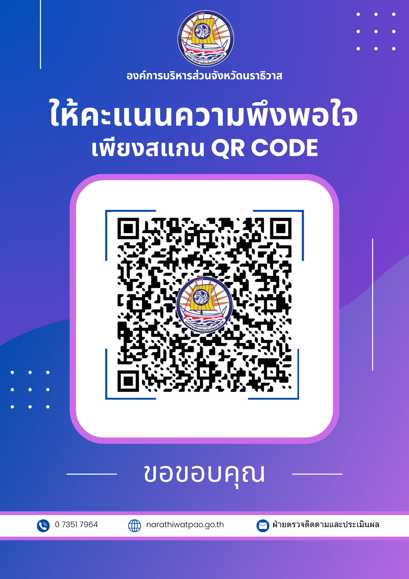 ขอความอนุเคราะห์ประเมินความพึงพอใจต่อผลการดำเนินงานขององค์การบริหารส่วนจังหวัดนราธิวาสในภาพรวม ประจำปีงบประมาณ พ.ศ. 2567 ของประชาชนในพื้นที่